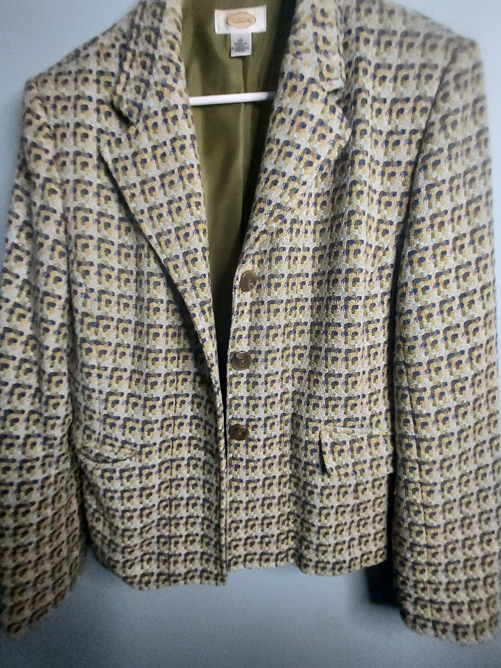 Talbots Olive and Cream Tweed Blazer with Navy Accents
